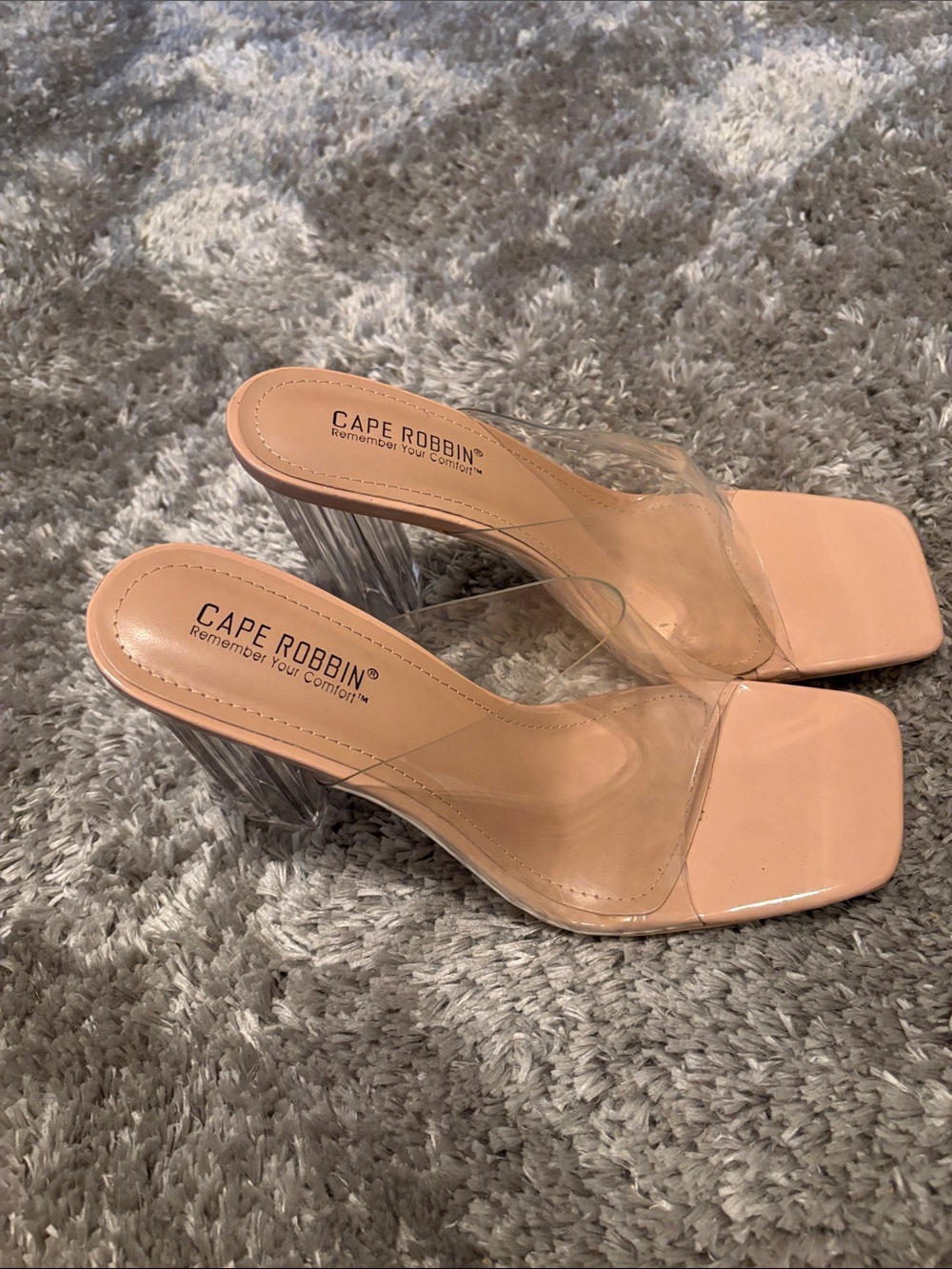 Cape Robbin Nude Clear Strap Block 4 inch Heel Mules